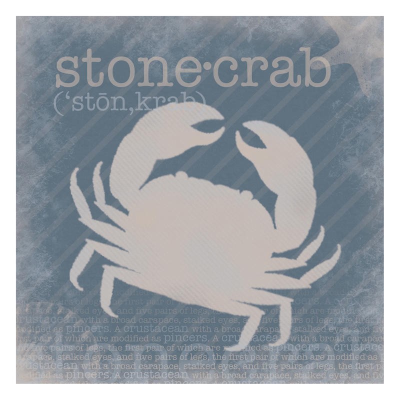 Lauren Gibbons, DEFINITION STONE CRAB (Krbbe, Krebs, Typografie, plakativ, Silhouette, modern, maritim, Wunschgröße, Grafik, Küche, Esszimmer, blau/beige)
