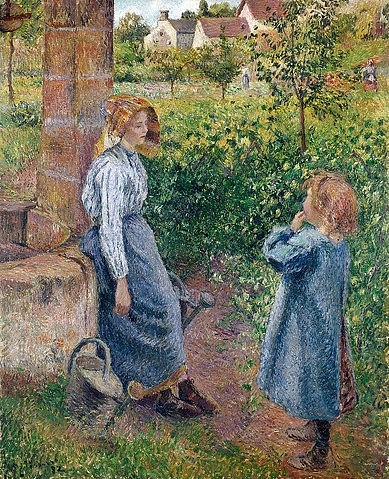 Camille Pissarro, Junge Frau und Mädchen an einem Brunnen. 1882 (Chicago,Art Institute,Pissarro,Camille,1830-1903,Öl auf Leinwand,19. Jahrhundert,Impressionismus,Pissarro,Camille Pissarro,Gießkanne,Brunnen,Frau,Mädchen,Kind,Wasser holen,sich unterhalten,Garten,Gartenarbeit, französischer impressionismus)
