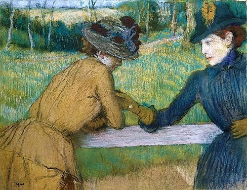 Edgar Degas, Zwei Frauen beim Gespräch an einem Zaun. (Degas,Edgar,1834-1917,Christie's Images Ltd,Pastell/Karton,19. Jahrhundert,Impressionismus,Edgar Degas,Deux Femmes Appuyees A Une Barriere,Zaun,Unterhaltung,sich unterhalten,tratschen,Frauen,draußen,Freundinnen,nach unten blicken,Blick nach unten,Vertraue)