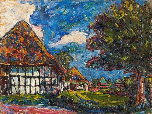Ernst Ludwig Kirchner, Häuser auf Fehmarn. 1908 (Kirchner,Ernst Ludwig,1880-1938,Städel Museum Frankfurt a.M.,Öl auf Leinwand,20. Jahrhundert,Ernst Ludwig Kirchner,Städel Museum,Expressionismus,Frühwerk,Fachwerk,Fachwerkhaus,Baum,Norddeutschland)