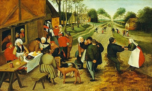 Pieter BRUEGHEL DER Jüngere, Bauern an einem Straßenausschank. (Christie's Images Ltd,Brueghel d.J.,Pieter,um 1564-1638,Öl auf Holz,16. Jahrhundert,Genre,zugeschrieben,Pieter Brueghel II,Pieter Brueghel der Jüngere,Tanzende,Tanzpaar,Gruppe,Bauern,auf dem Land,ländlich,Wirtshaus,Schänke,Schenke,ausschenken,Straße)