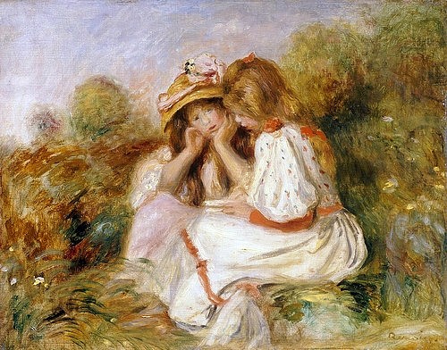 Pierre-Auguste Renoir, Zwei kleine Mädchen (Deux Fillettes). Um 1890 (Garten, zwei Freundinnen, Kinder, Mädchen, Schwestern, Wiese, Sommer, vertraut, Gespräch, Impressionismus, klassische Moderne, Wunschgröße, Wohnzimmer, Malerei)