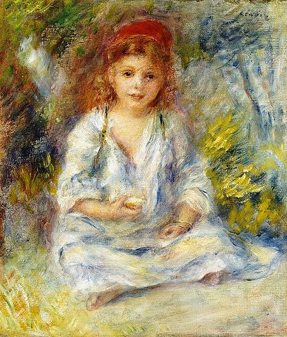 Pierre-Auguste Renoir, Kleines algerisches Mädchen. Um 1881 (Kind, Mädchen, sitzende, am Boden hocken, Algerien, Orient, rote Kappe, Impressionismus, klassische Moderne, Wunschgröße, Wohnzimmer, Malerei)