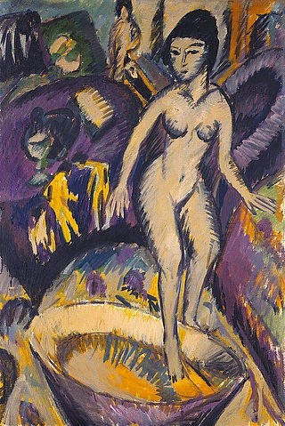Ernst Ludwig Kirchner, Weiblicher Akt mit Badezuber. 1912 (Kirchner,Ernst Ludwig,1880-1938,Christie's Images Ltd,Öl auf Leinwand,20. Jahrhundert,Expressionismus,Ernst Ludwig Kirchner Frau stehend Stehende waschen gelb lila Toilette Badewanne baden Akt)