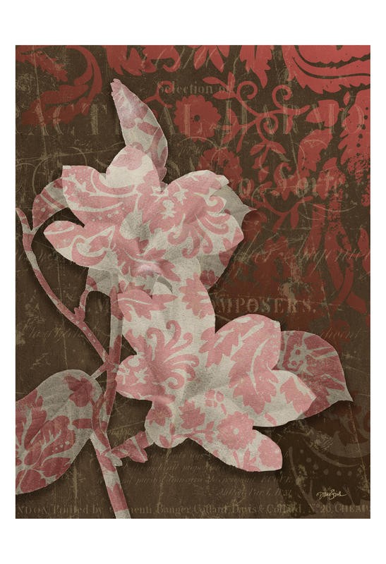 Diane Stimson, DAFFODIL DAMASK III (Blumen, Blüten, Narzissen, Damast, Muster, plakativ, modern, Grafik, Wunschgröße, Treppenhaus, Wohnzimmer, rot/braun)