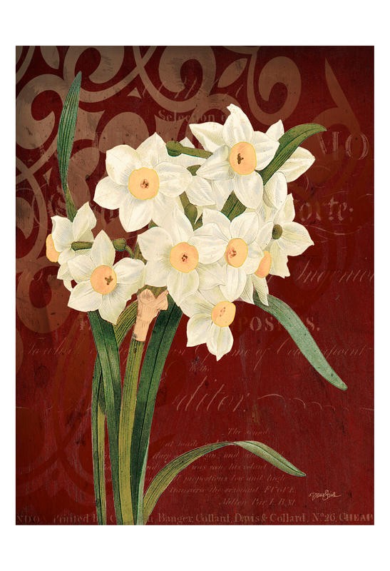 Diane Stimson, NARCISSUS I (Blumen, Blüten, Narzissen, Damast, Muster, Kalligrafie, modern, Grafik, Wunschgröße, Treppenhaus, Wohnzimmer, bunt)