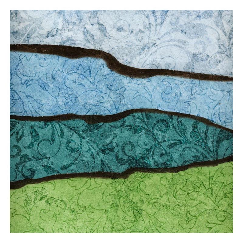 Kristin Emery, RIVER EARTH BLUE I (Abstrakt, Malerei, Wellen, Streifen, Ornamente, horizontal, modern, zeitgenössisch, Wohnzimmer, Treppenhaus, Wunschgröße, blau/grün)