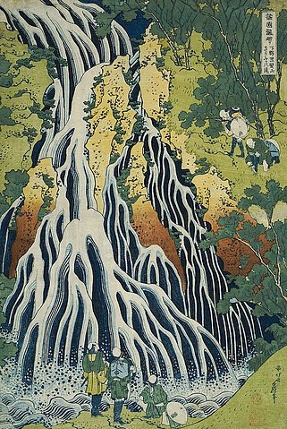 Katsushika Hokusai, Der Kirifuri Wasserfall am Mount Kurokami in der Provinz Shimotsuke. Aus der Serie: Eine Reise zu den Wasserfällen Japans. (Christie's Images Ltd,Hokusai,Katsushika,1760-1849,Farbholzschnitt,Katsushika Hokusai,Asien,Japan,japanische Kunst,Natur,Wasserfall,Wasserfälle,Berg,Hang)