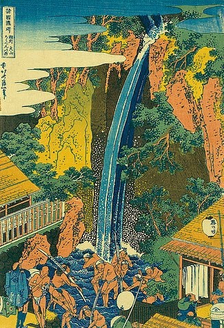 Katsushika Hokusai, Der Roben Wasserfall bei Ohyama in der Provinz Sagami. Pilger baden im Wasserfall. Aus der Serie: Eine Reise zu den Wasserfällen Japans. (Christie's Images Ltd,Hokusai,Katsushika,1760-1849,Farbholzschnitt,19. Jahrhundert,18. Jahrhundert,Katsushika Hokusai,Asien,Japan,japanische Kunst,Natur,Wasserfall,Wasserfälle,Oyama,Tate-E)