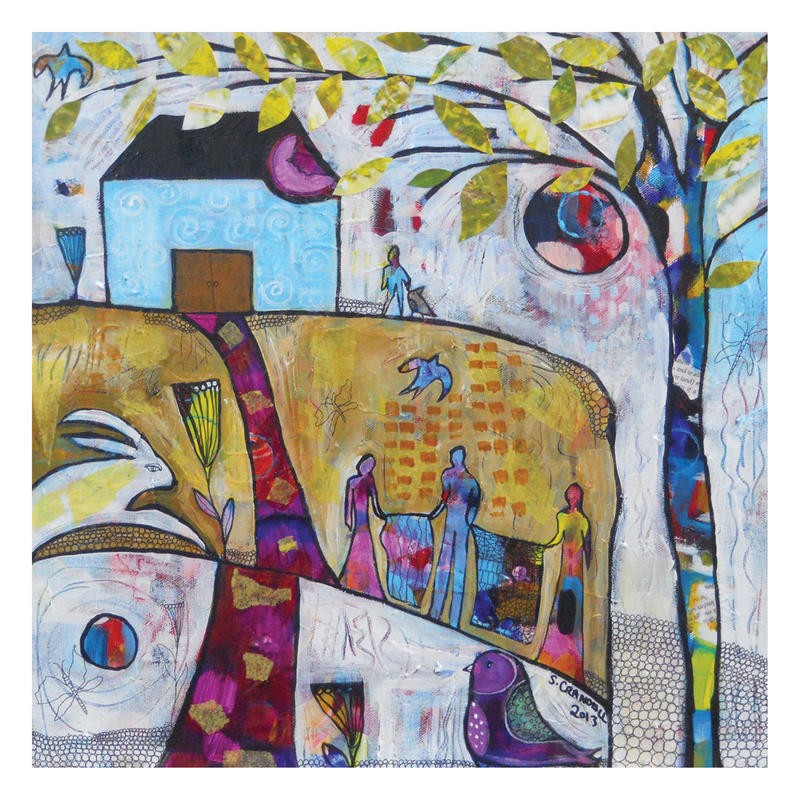 Shannon Crandall, AIRING THE QUILTS (Landschaft, Decken, lüften, weißer Hase, Baum, Vogel, naiv, plakativ, Grafik, Wohnzimmer, Treppenhaus, Wunschgröße, bunt)