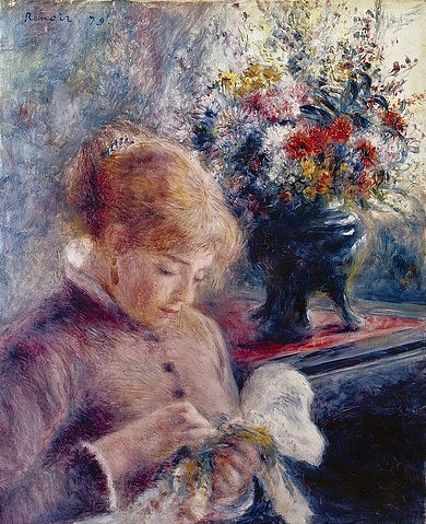 Pierre-Auguste Renoir, Junge Frau beim Nähen. 1879 (Portrait,junge Frau, Nähen,  Handarbeit, Stillleben, Blumenschale, Bouquet, Interieur, Impressionismus, klassische Moderne, Wunschgröße, Wohnzimmer, Malerei)