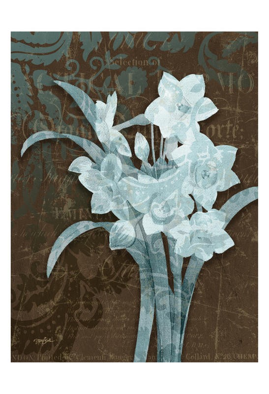 Diane Stimson, DAFFODIL DAMASK I (Blumen, Narzissen, Damast-Muster, Kalligrafie, Wunschgröße, Treppenhaus, Wohnzimmer, braun/hellblau)