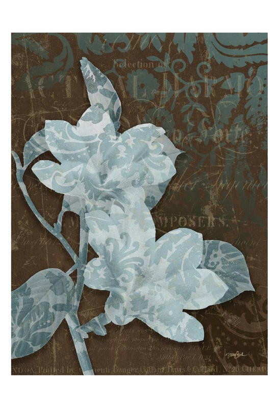 Diane Stimson, DAFFODIL DAMASK II (Blumen, Narzissen, Damast-Muster, Kalligrafie, Wunschgröße, Treppenhaus, Wohnzimmer, braun/hellblau)