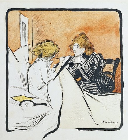 Théophile-Alexandre Steinlen, Das Diktat. (Art Nouveau, Jugendstil, Frauen, Diktat, schreiben, Bett, Kissen, Krank, Wohnzimmer, Schlafzimmer, Malerei, Wunschgröße, bunt)