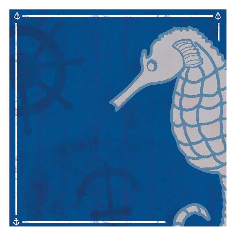 Lauren Gibbons, BLUE SEA HORSE (Seepferdchen, Steuerrad, plakativ, Silhouette, modern, maritim, Grafik, Wunschgröße,   Treppenhaus, blau/beige)