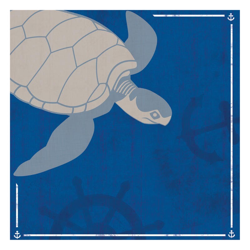 Lauren Gibbons, BLUE SEA TURTLE (Schildkröte, Steuerrad, plakativ, Silhouette, modern, maritim, Grafik, Wunschgröße,   Treppenhaus, blau/beige)