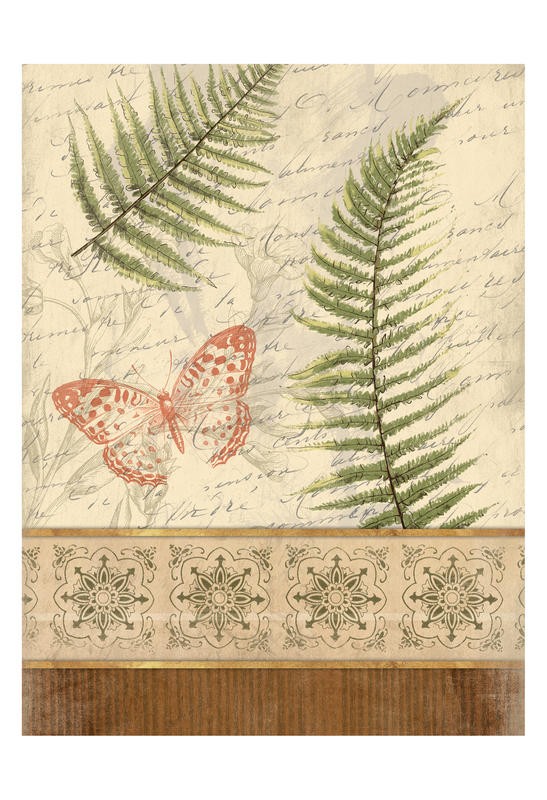 Jace Grey, FLORAL WOOD I (Blätter, Farnkraut, Schmetterling, Kalligrafie, Bordüre, Nostalgie, Botanik, Pflanze Studie, Wunschgröße, Treppenhaus, Wohnzimmer filigran)