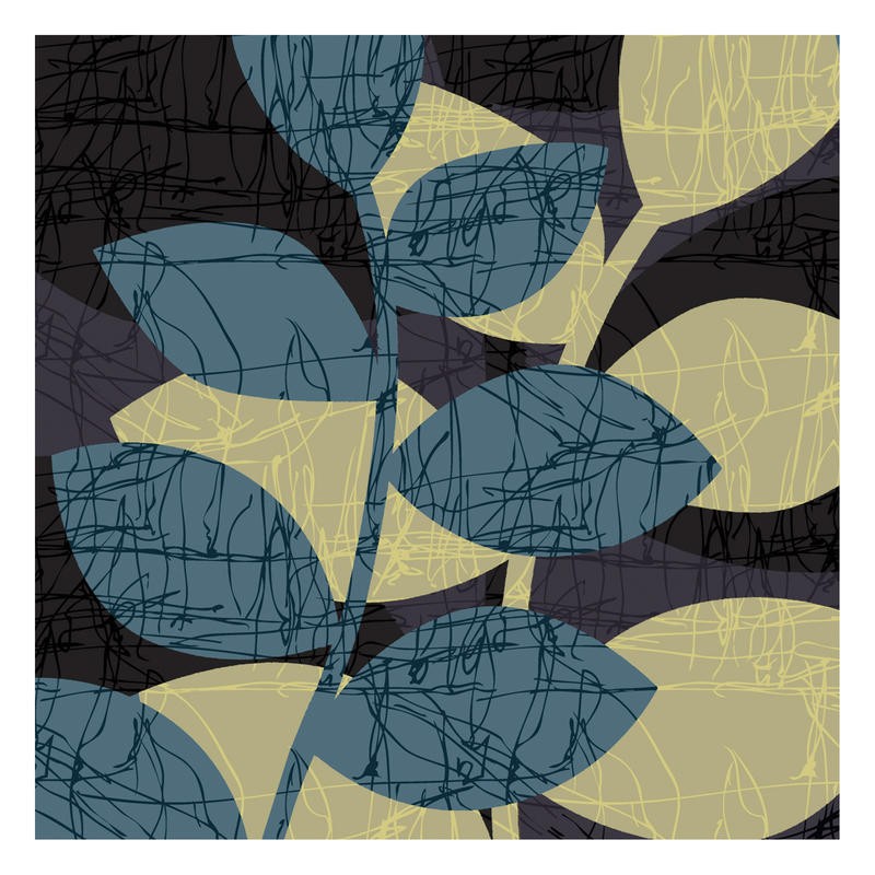 Kristin Emery, BLUE BOTANICAL II (Blätter, Zweige, Pflanzen, Muster, Grafik, modern, zeitgenössisch, Wohnzimmer, Treppenhaus, Wunschgröße, grau/gelb)