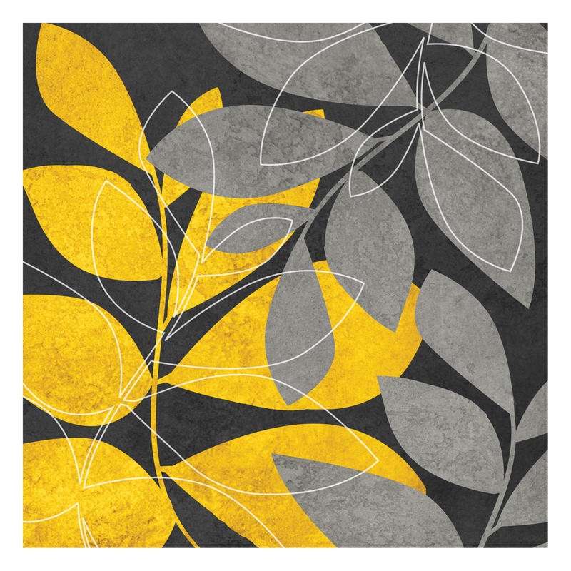 Kristin Emery, BLACK AND YELLOW II (Blätter, Zweige, Pflanzen, Muster, Grafik, modern, zeitgenössisch, Wohnzimmer, Treppenhaus, Wunschgröße, gelb/grau)