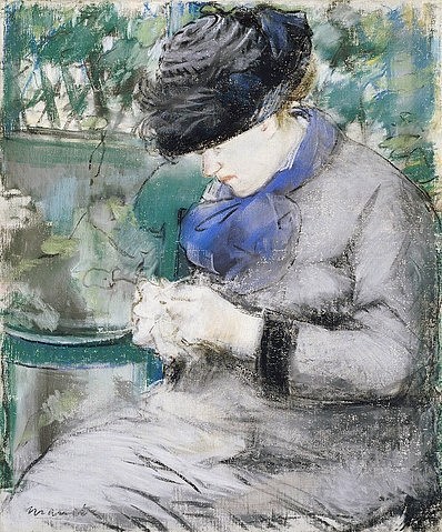 Édouard Manet, Mädchen, im Garten sitzend oder: Das Stricken. 1879 (junge Frau, Hut, Konzentriert, Handarbeit, Stricken, Impressionismus, Wohnzimmer, Klassiker, Wunschgröße, bunt,)
