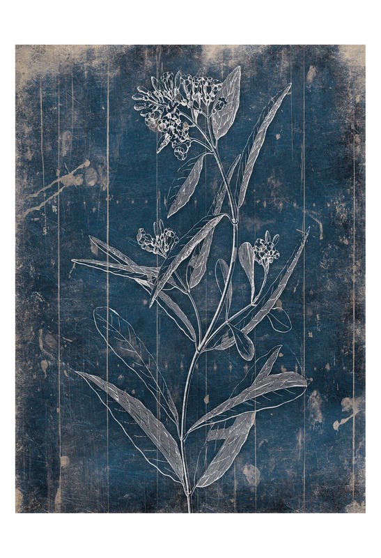 Jace Grey, WOOD FLORAL BLUES I (Pflanze, Blume, stilisiert, filigran, blaue Paneele, Nostalgie, retro, Wunschgröße, Badezimmer, blau)