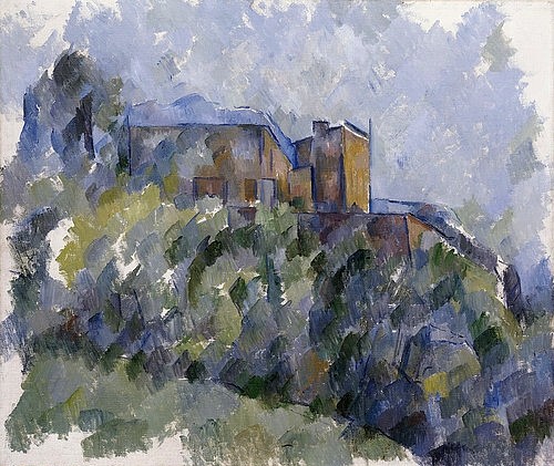 Paul Cézanne, Das schwarze Haus (Le Chateau Noir). Um 1904 (Cézanne,Paul,1839-1906,Christie's Images Ltd,Öl auf Leinwand,Paul Cezanne,Post-Impressionismus,Architektur,Haus,flächig)