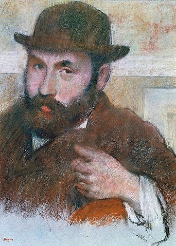 Edgar Degas, Selbstbildnis. (Degas,Edgar,1834-1917,Edgar Degas,Selbstbildnis,Mann,Hut,Hand,Bart,Vollbart,Maler,Künstler,Blickkontakt,Impressionismus, französischer impressionismus,französisch,impressionistisch)