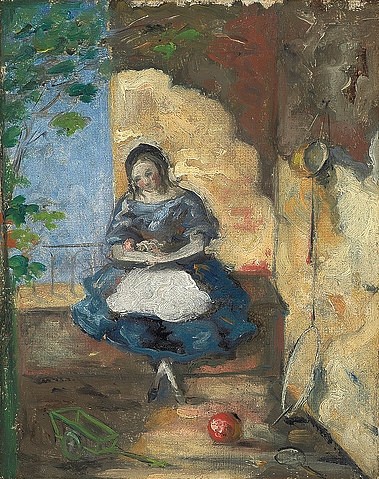 Paul Cézanne, Kleines Mädchen (Fillette). 1872-73 (Cézanne,Paul,1839-1906,Christie's Images Ltd,Öl auf Leinwand,19. Jahrhundert,Cezanne,Cézanne,Paul Cézanne,Mädchen,Kind,Heranwachsende,untypisch,Frühwerk,ungewöhnlich,Spielsachen,unbenutzt,aufgegeben,draußen,stille Ecke,Rückzugsort,gedeckte Farben,beige,En)