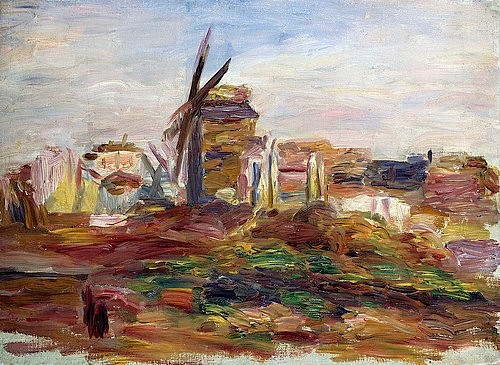Pierre-Auguste Renoir, Eine Windmühle. (Landschaft, Studie, Skizze, Windmühle,Mühle, Dorf,   Impressionismus, klassische Moderne, Wunschgröße, Wohnzimmer, Malerei)