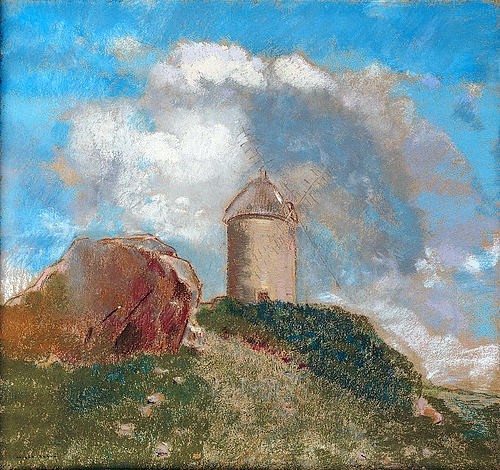 Odilon Redon, Die Windmühle. Um 1880 (Turm, Stein, Findling, Landschaft, Mühle, Hügel,  Himmel, Wolken, klassische Moderne, Postimpressionismus, Wunschgröße, Wohnzimmer,)