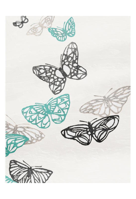 Jace Grey, BUTTERFLIES TURQUOISE II (Schmetterlinge, Flug, fliegen, filigran, flächig, Muster, modern, Wunschgröße, Grafik, Treppenhaus, schwarz/weiß/türkis)