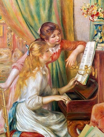 Pierre-Auguste Renoir, Junge Mädchen am Klavier. 1892 (Mädchen, Klavier, Musik, Übungen, Notenblätter, Musizieren, Instrument, Interieur, Impressionismus, klassische Moderne, Wunschgröße, Wohnzimmer, Malerei)