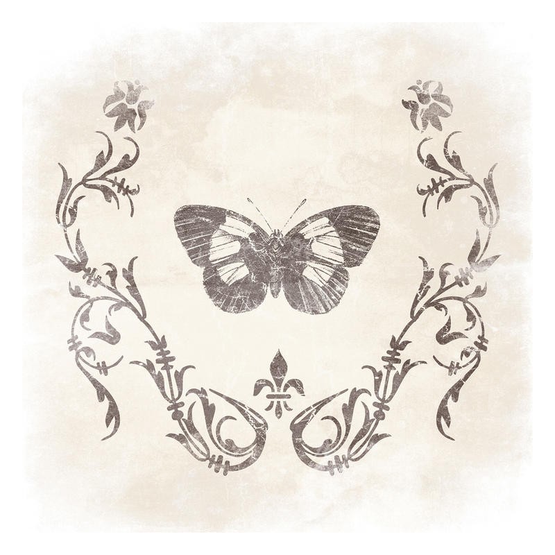 Jace Grey, STENCIL BUTTERFLY II (Blumen, Blüten, Schmetterling, floral, Ornamente, Wunschgröße, Treppenhaus, Wohnzimmer, Arabeske, grau)