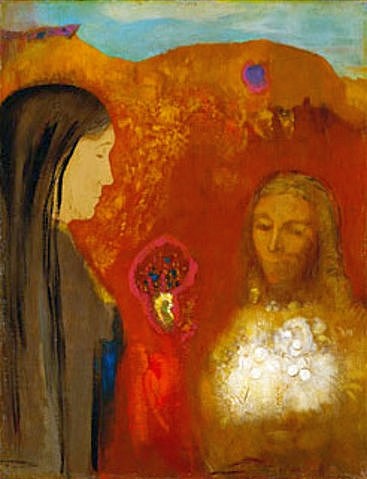 Odilon Redon, Christus und die Samariterin. (Wunschgröße, klassische Moderne, Symbolismus, Jesus, Christus, Messias,Samariterin, Brunnen, Figurativ,  Religion, durchbohren, Treppenhaus, Wohnzimmer, Malerei, bunt)