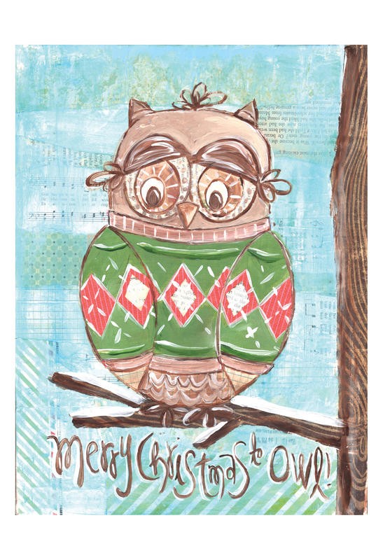 Erin Butson, LITTLE CHRISTMAS I (Eule, Weihnachsteule, Weihnachten, fröhlich, lustig, Grafik, Wohnzimmer, Treppenhaus,   Wunschgröße, bunt)