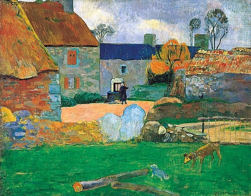 Paul Gauguin, Das blaue Dach oder das Bauernhaus in Pouldu. 1890 (Gauguin,Paul,1848-1903,Christie's Images Ltd,Öl auf Leinwand,19. Jahrhundert,Gauguin,Paul Gauguin,Bauernhof,Hund,Bretagne,Post-Impressionismus,Farm,Bauernhaus)