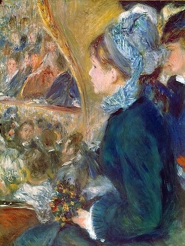 Pierre-Auguste Renoir, Im Theater (La Première Sortie). 1876-77 (Theater, Mädchen, junge Frau, Loge, Theaterbesuch. Premiere, Gesellschaft, Impressionismus, klassische Moderne, Wunschgröße, Wohnzimmer, Malerei)