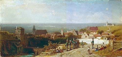 Carl Spitzweg, Altes Städtchen (Stadtsoldaten). (Spitzweg,Carl,1808-1885,Hannover,Landesmuseum,Öl/Pappe,19. Jahrhundert,Spitzweg,Carl Spitzweg,Bierdermeier,Querformat,Stadt,Städtchen,Stadtansicht,vor der Stadt,Panorama,Soldaten)