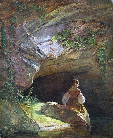 Carl Spitzweg, Badendes Mädchen. Um 1835/40 (Spitzweg,Carl,1808-1885,Öl/Papier/Karton,Privatbesitz,19. Jahrhundert,Spitzweg,Carl Spitzweg,Bierdermeier,Mädchen,junge Frau,Grotte,Felsen,Füsse baden,Rückenfigur,unbeobachtet)