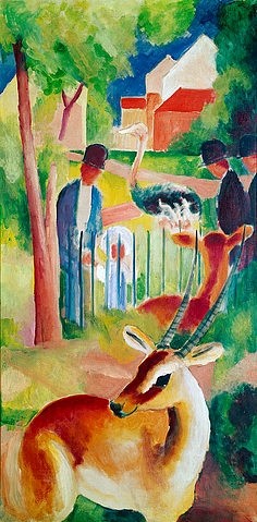 August Macke, Großer Zoologischer Garten. 1913 (rechte Tafel des Triptychons) (Malerei, Expressionismus, Antilopen, Vogel Strauß, Zoo, Zoologischer Garten, Tiere, Zoobesucher, Treppenhaus, Wohnzimmer, Klassische Moderne, Wunschgröße, bunt)