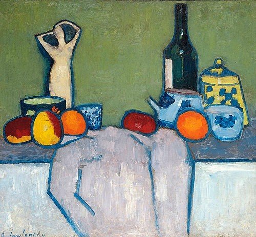 Alexej von Jawlensky, Stillleben mit Früchten, Figur und Flasche. 1907 (Klassische Moderne,  Expressionismus, Stillleben, Figur, Flasche, Obst, Malerei, Esszimmer, Wohnzimmer, Treppenhaus, bunt)