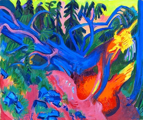 Ernst Ludwig Kirchner, Entwurzelter Baum. Um 1923 (Kirchner,Ernst Ludwig,1880-1938,Hannover,Sprengel Museum,Öl auf Leinwand,20. Jahrhundert,Expressionismus,Ernst Ludwig Kirchner,Baum,wurzel,baumwurzel,entwurzelt,Baumstamm,Stamm,Wald,entwurzelt,umgestürzt,bunt)