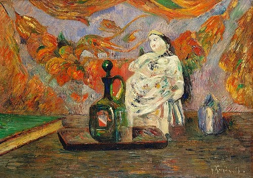 Paul Gauguin, Stillleben mit Keramikfigur. (Gauguin,Paul,1848-1903,Christie's Images Ltd,Öl auf Leinwand,19. Jahrhundert,Stillleben,Paul Gauguin,Post-Impressionismus,Figurine,Figur,Puppe,Flasche,Glas,Tisch)