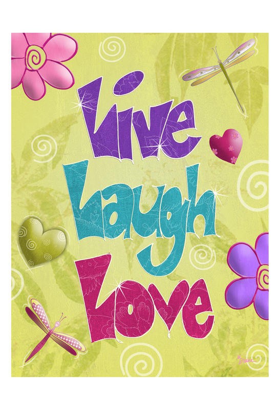 Diane Stimson, LIVE LAUGH LOVE (Leben, Lachen, Lieben, Inspiration, Motivation, Hippie, flower power, 60er Jahre, retro, Wunschgröße, Grafik, Jugendzimmer, Wohnzimmer, Treppenhaus, bunt)