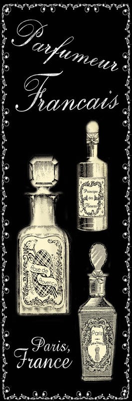 Lauren Gibbons, PERFUME NOIR PANEL I (Werbung, Parfüm, Flacons, Nostalgie, Grafik, Wunschgröße, Badezimmer, Treppenhaus, schwarz/weiß)