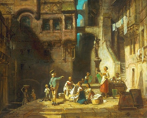 Carl Spitzweg, Wäscherinnen am Brunnen. Um 1860 (Christie's Images Ltd,Öl auf Leinwand,19. Jahrhundert,Spitzweg,Carl,1808-1885,Spitzweg,Carl Spitzweg,Bierdermeier,Gruppe,Frauen,Wäscherin,waschen,zeigen,zurechtweisen,Brunnen,Dorf,Dorfbrunnen,draußen)