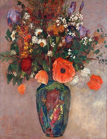 Odilon Redon, Blumenstrauß in einer Vase. (Postimpressionismus, Stillleben, Blumenvase, Blüten, Blumen, Sommerblumen, Wiesenblumen, Mohn, floral, klassische Moderne, Malerei, Wohnzimmer, Esszimmer, Treppenhaus, Wunschgröße, bunt)