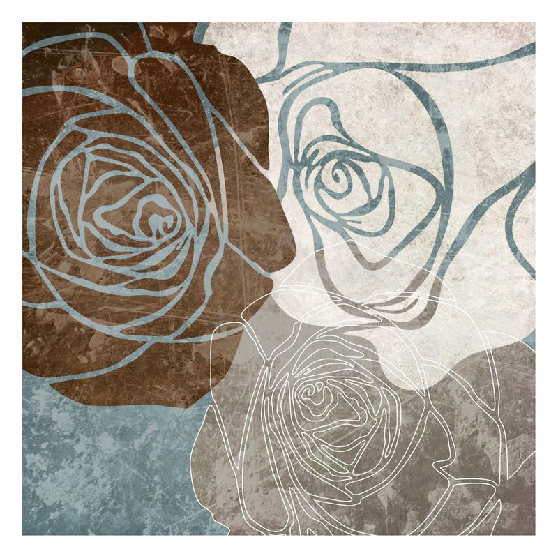 Kristin Emery, BEIGE ROSE WITH BLUE I (Blüten, Blumen, Rosen, stilisiert, Grafik, zeitgenössisch, Wohnzimmer, Treppenhaus, Wunschgröße, blau/beige)