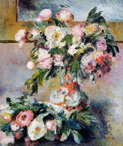 Pierre-Auguste Renoir, Pfingstrosen. 1878 (Stillleben, Blumen, Blüten, Pfingstrosen, Blumenstrauß,   floral, Vase, Impressionismus, klassische Moderne, Wunschgröße, Wohnzimmer, Esszimmer, Malerei)