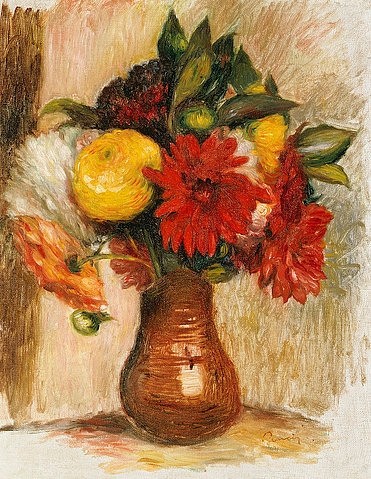 Pierre-Auguste Renoir, Blumenstrauß in einem Krug. (Stillleben, Blumen, Blüten, Rnunkeln, Blumenstrauß,   floral, Vase, Krug, Impressionismus, klassische Moderne, Wunschgröße, Wohnzimmer, Esszimmer, Malerei)